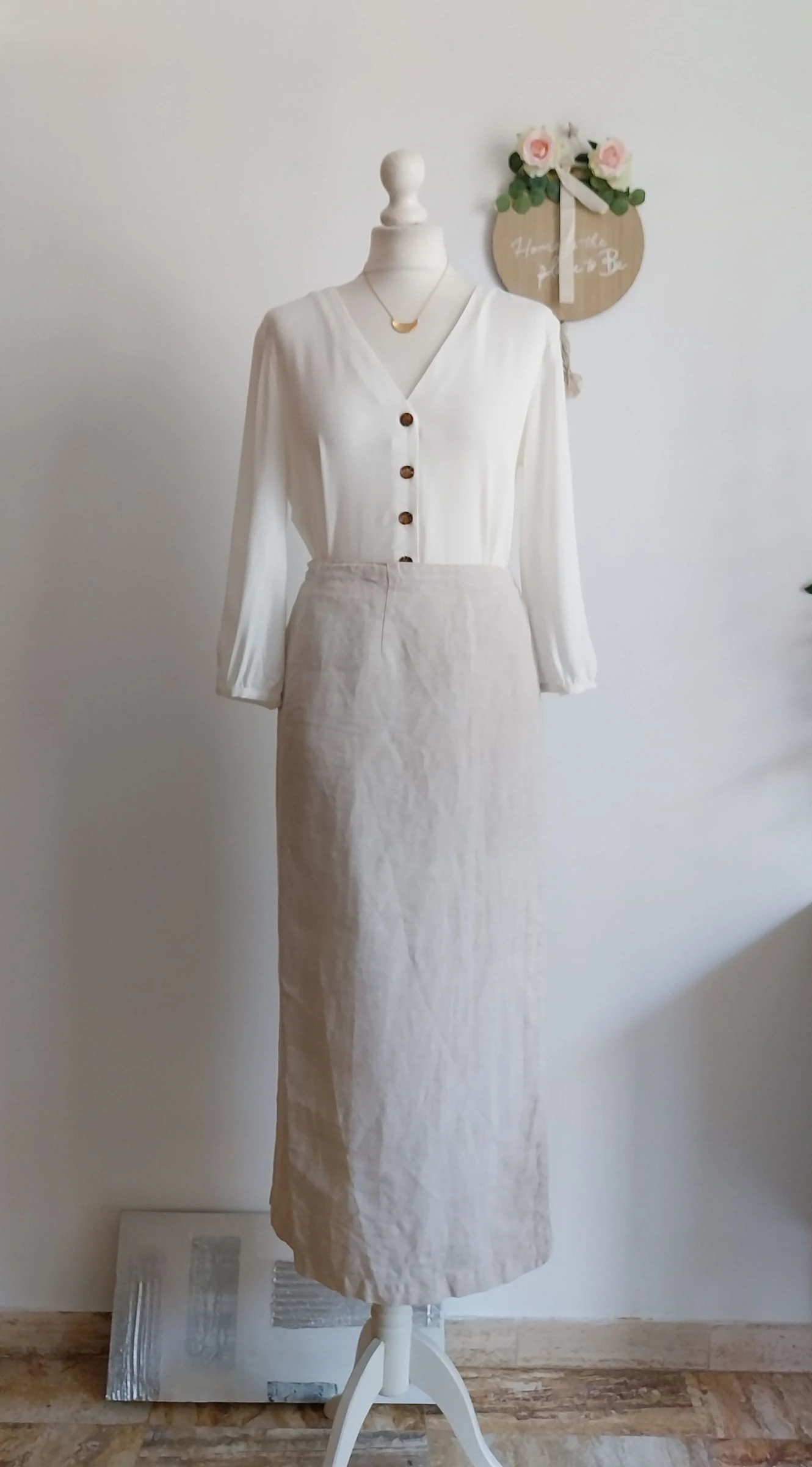 Jupe longue portefeuille vintage années 80 en lin irlandais Taille 38